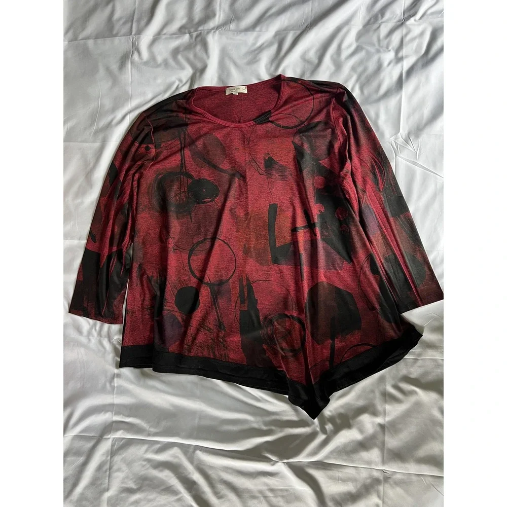 Jess & Jane‎ Shirt Womens 2X Red Black Abstract Print Long Sleeve Top Made USA - Picture 3 of 13
